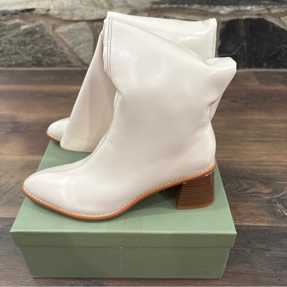 Women's Cream Knee-High Leather Boots - Classic Block Heel - Picture 3 of 11